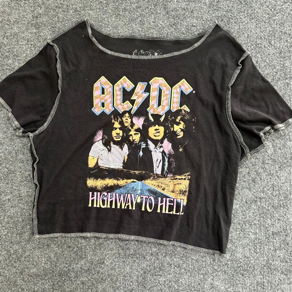 ACDC Crop Top Womens Size XXL Black Highway To Hell Band Graphic Contrast Stitch